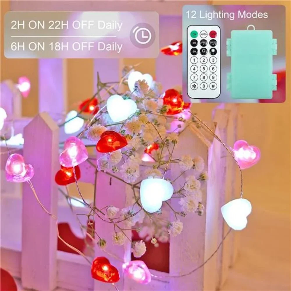 Valentines Day Decor 10 ft 40 LEDs Red White Pink Heart String Lights Battery